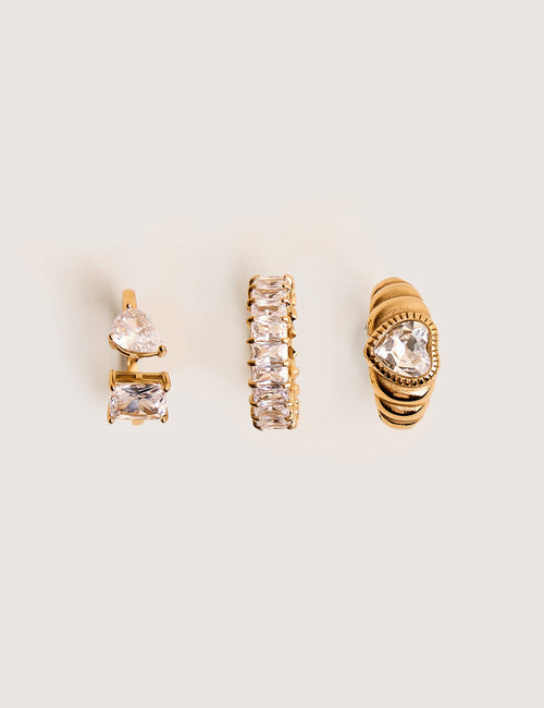 Diamante 3 Pack Jewelled Ring Set Gold