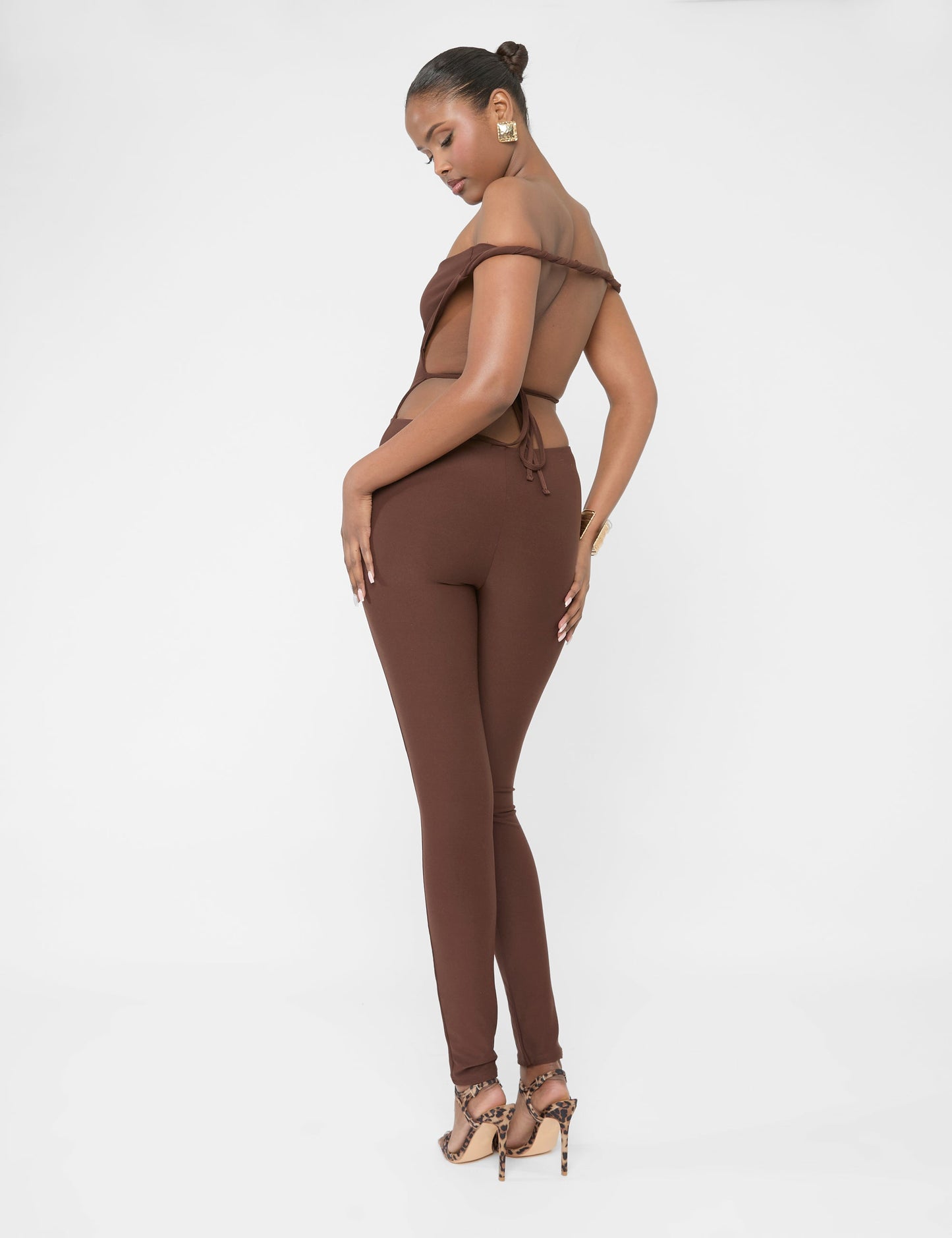 Twist Back Detail Off The Shoulder Luxe Slinky Jumpsuit Brown