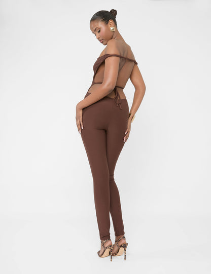Twist Back Detail Off The Shoulder Luxe Slinky Jumpsuit Brown