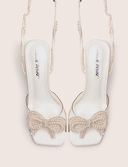 Possesive White Pu Pearl Bow Court High Heels