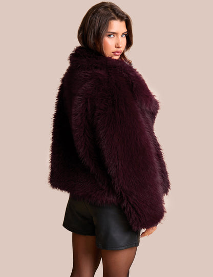 Oversized Collar Faux Fur Jacket Plum