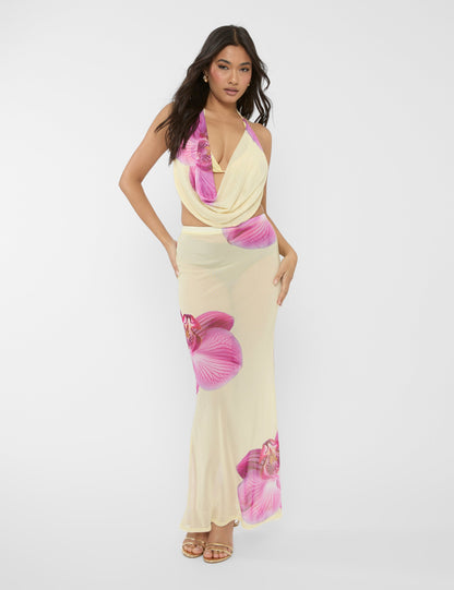 Printed Floral Mesh Maxi Skirt Co-ord Yellow