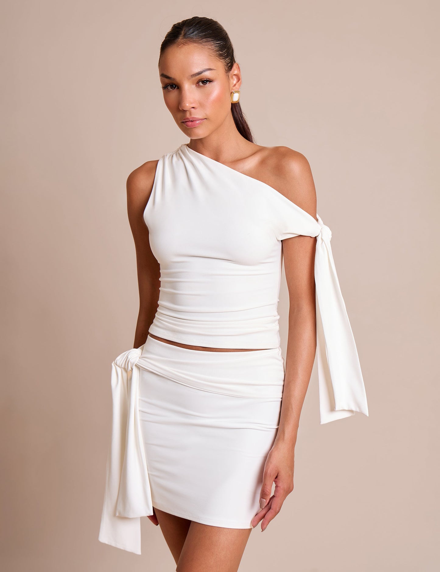 Knot Detail Luxe Slinky Mini Skirt White