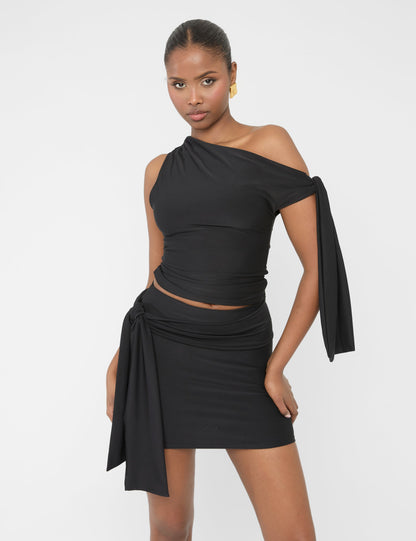 Knot Detail Luxe Slinky Mini Skirt Black