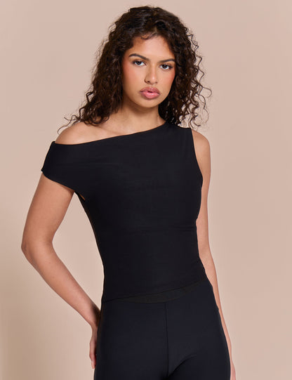 Asymmetric One Shoulder Luxe Slinky Top Black