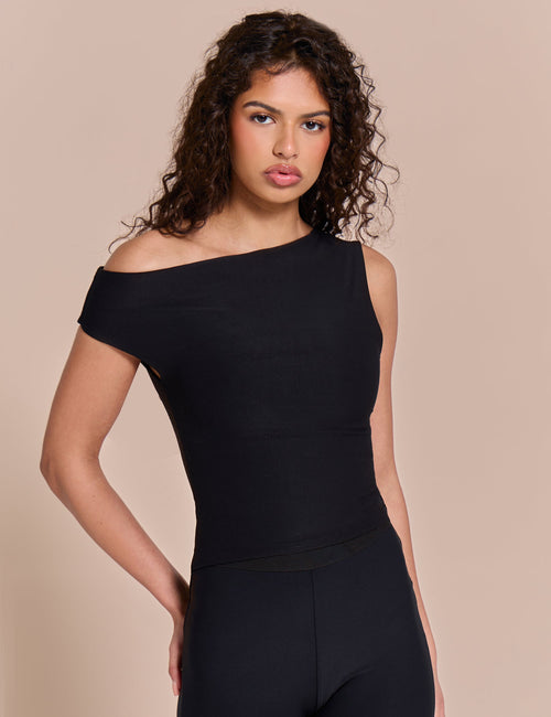 Asymmetric One Shoulder Luxe Slinky Top Black