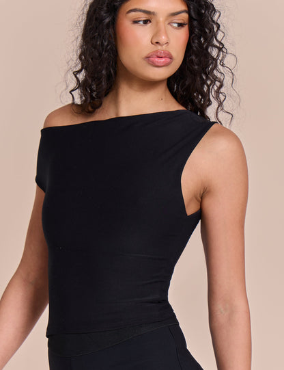 Asymmetric One Shoulder Luxe Slinky Top Black