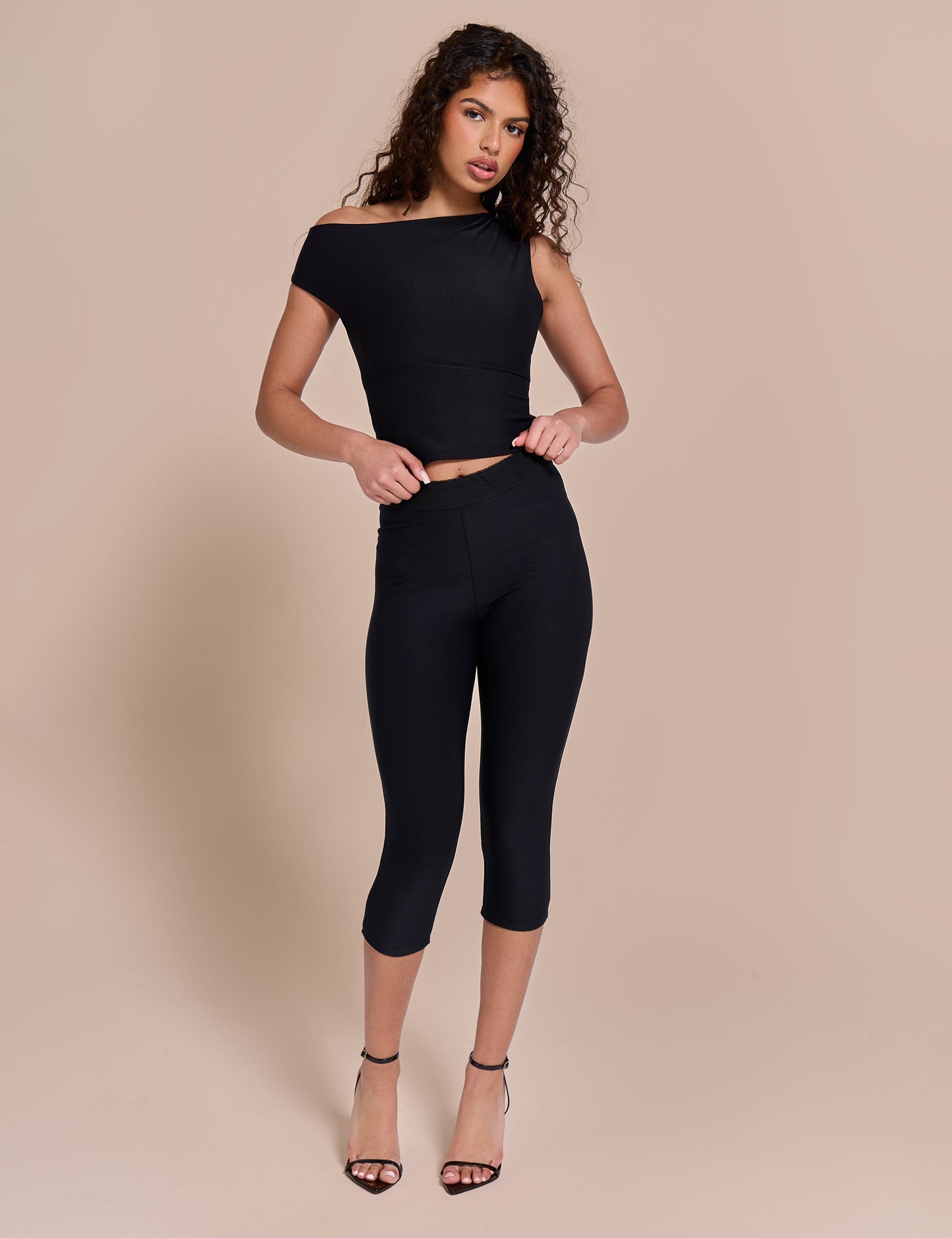 Asymmetric One Shoulder Luxe Slinky Top Black