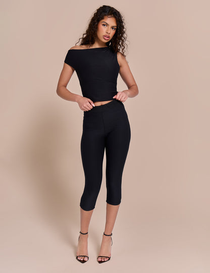 Asymmetric One Shoulder Luxe Slinky Top Black