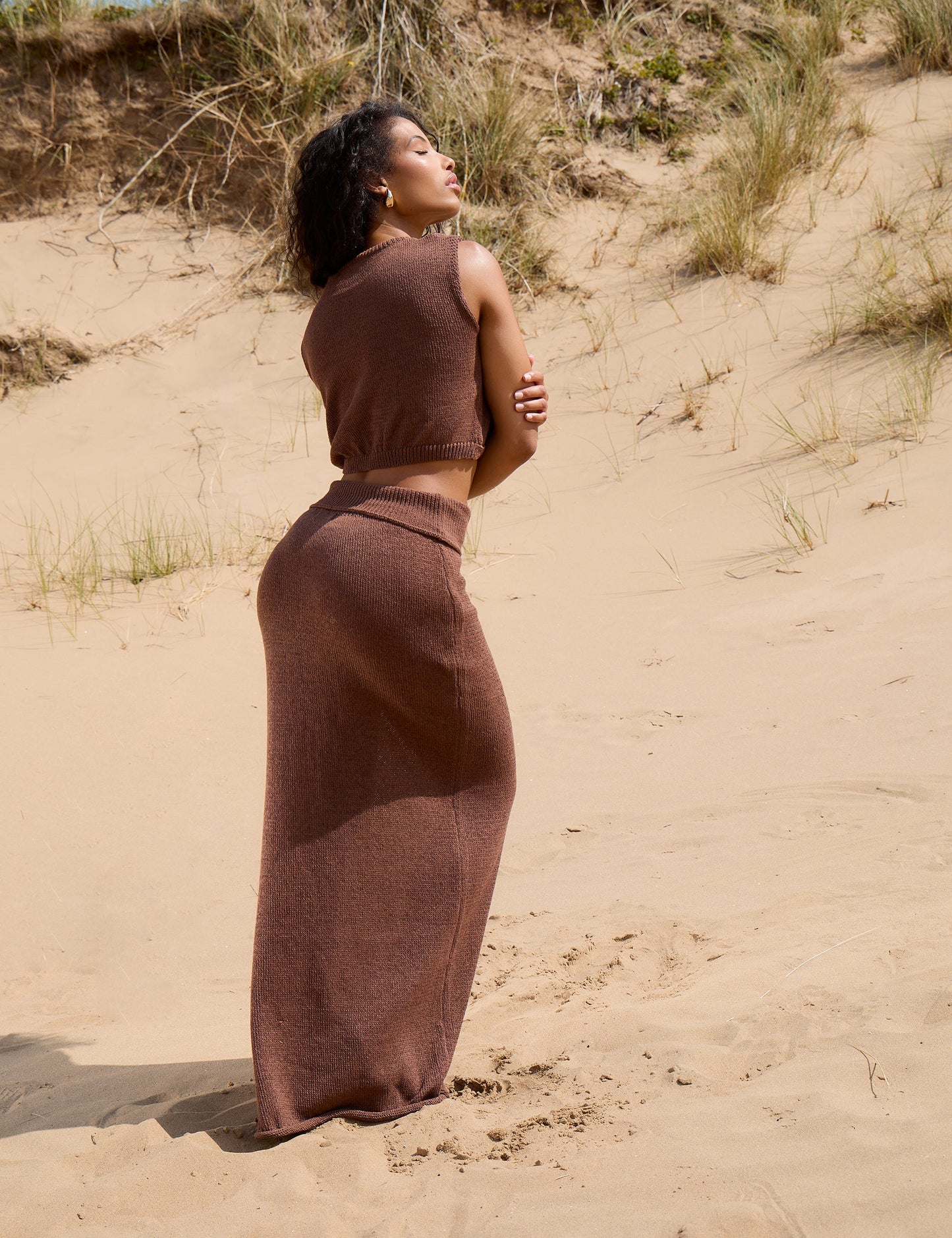 Wrap Fine Knit Crop Top Brown