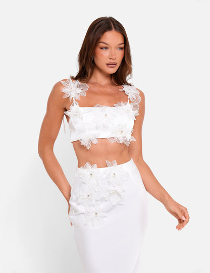 Tie Strap Satin Top With Floral Applique White