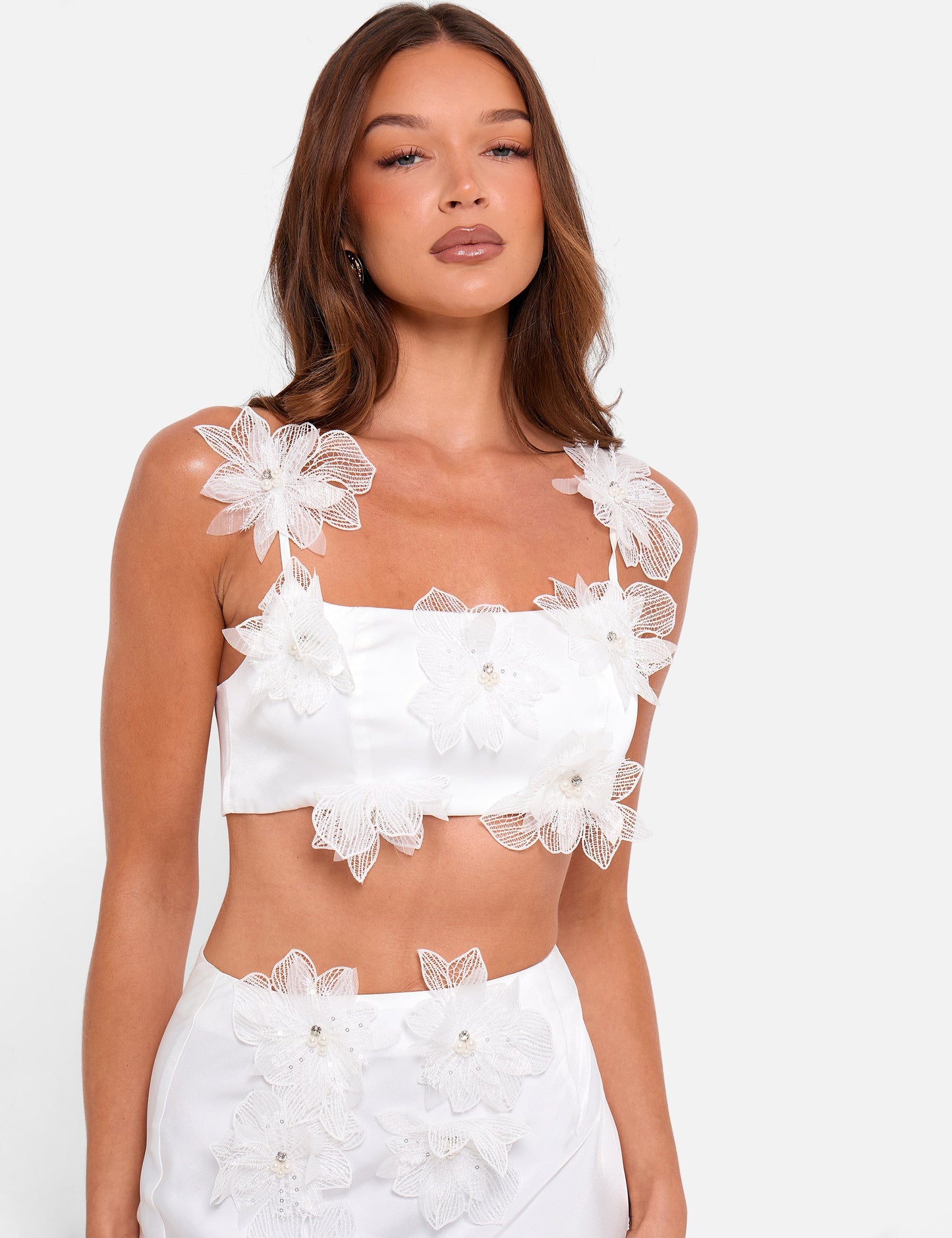 Tie Strap Satin Top With Floral Applique White