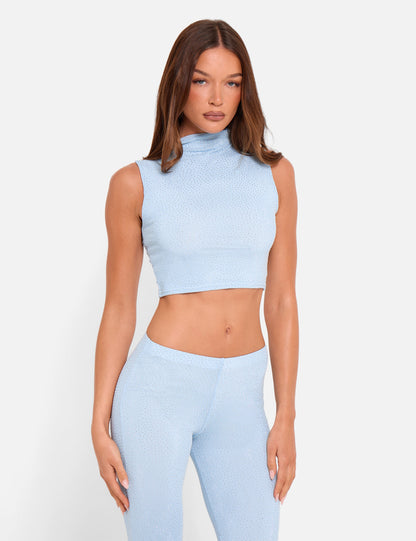 Hotfix High Neck Luxe Slinky Crop Top Blue