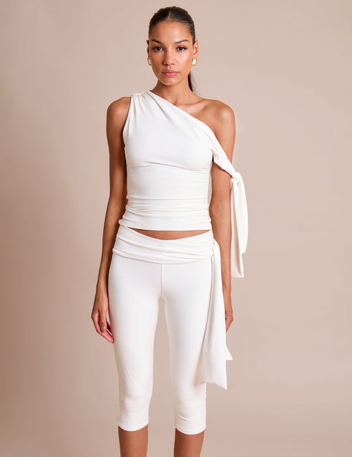 Knot Detail Asymmetric One Shoulder Luxe Slinky Top White