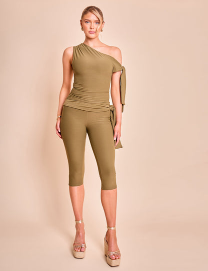 Knot Detail Asymmetric One Shoulder Luxe Slinky Top Khaki