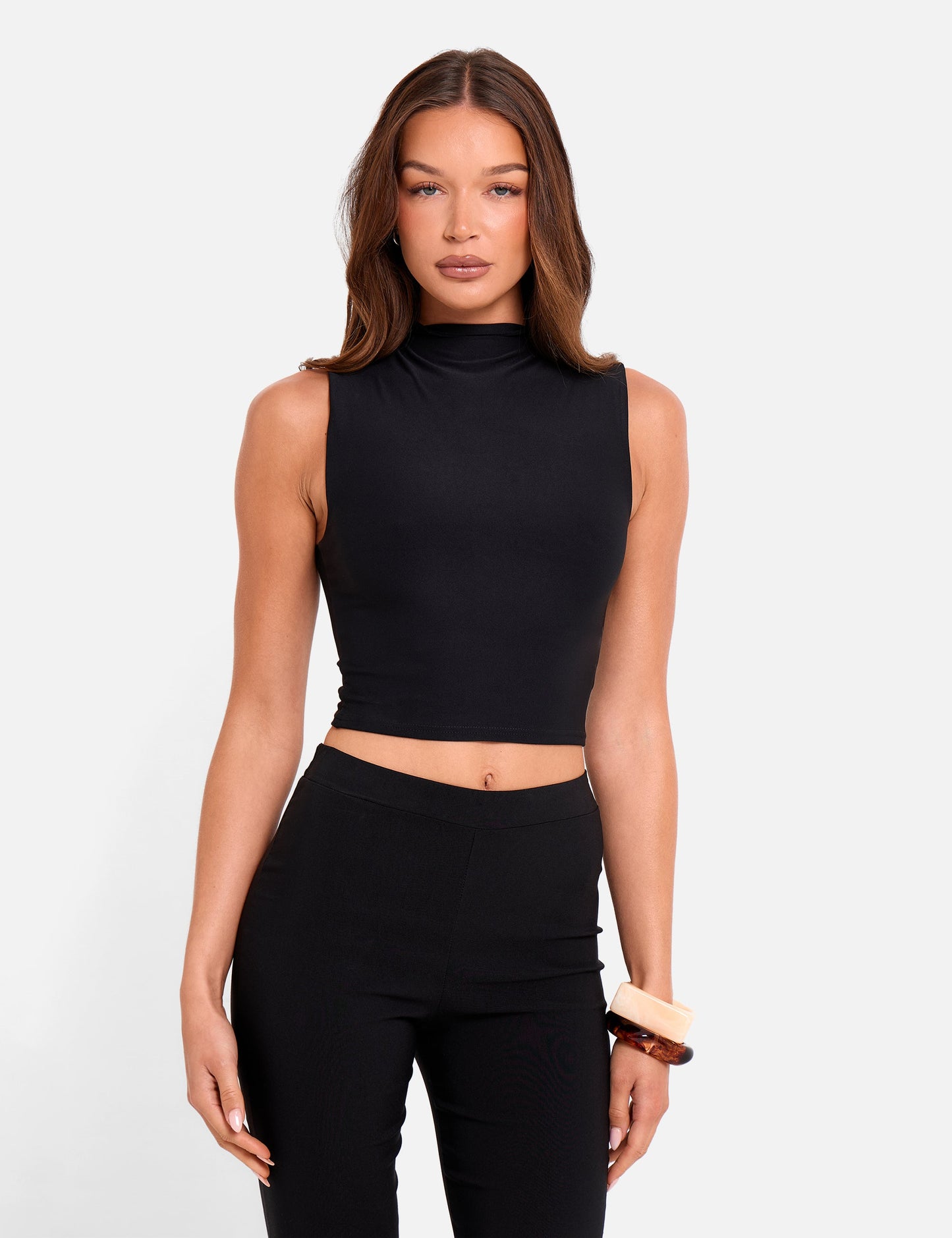 High Neck Luxe Slinky Crop Top Black