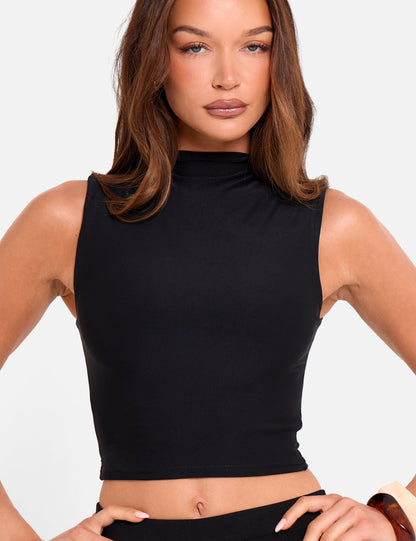 High Neck Luxe Slinky Crop Top Black