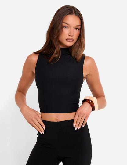 High Neck Luxe Slinky Crop Top Black