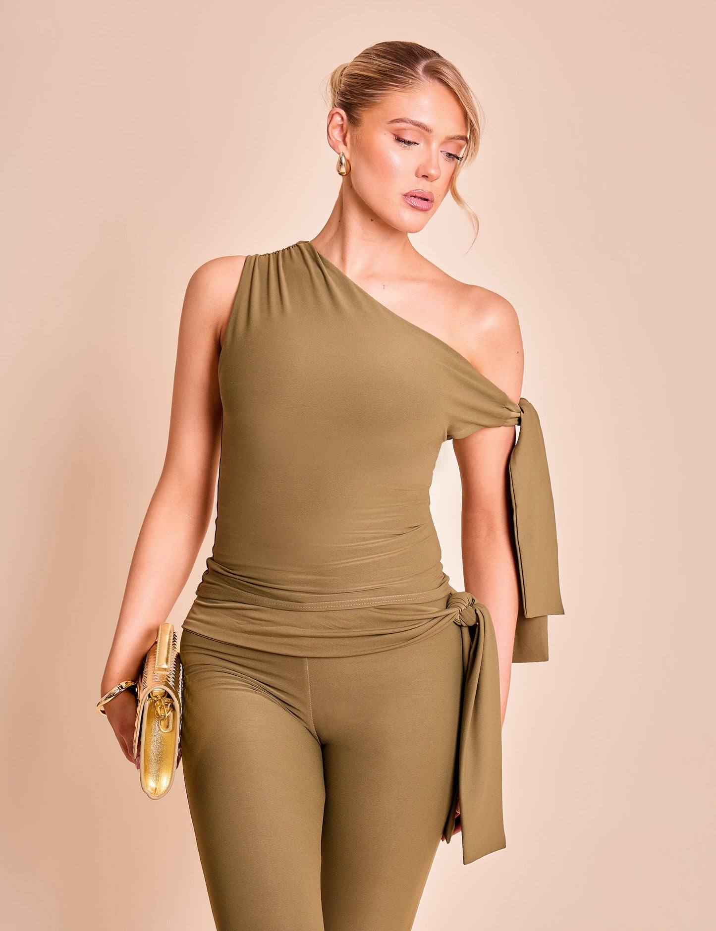 Knot Detail Tie Side Luxe Slinky Capri Pants Khaki