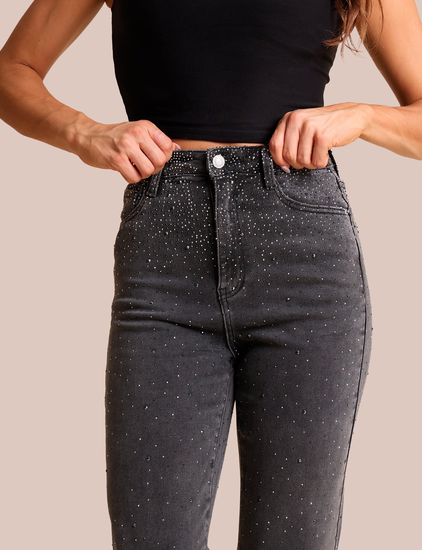 Straight Leg Stretch Stud Detail Black Jeans