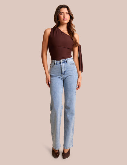Clear Diamante Straight Fit High Rise Denim Blue Jeans