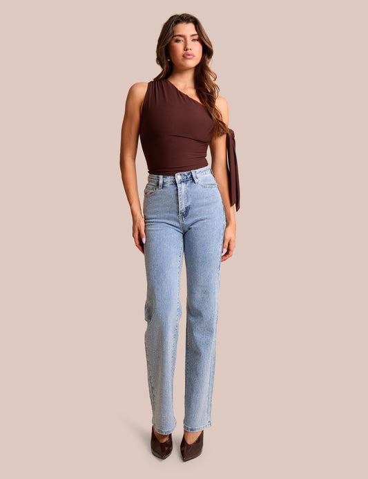 Clear Diamante Straight Fit High Rise Denim Blue Jeans