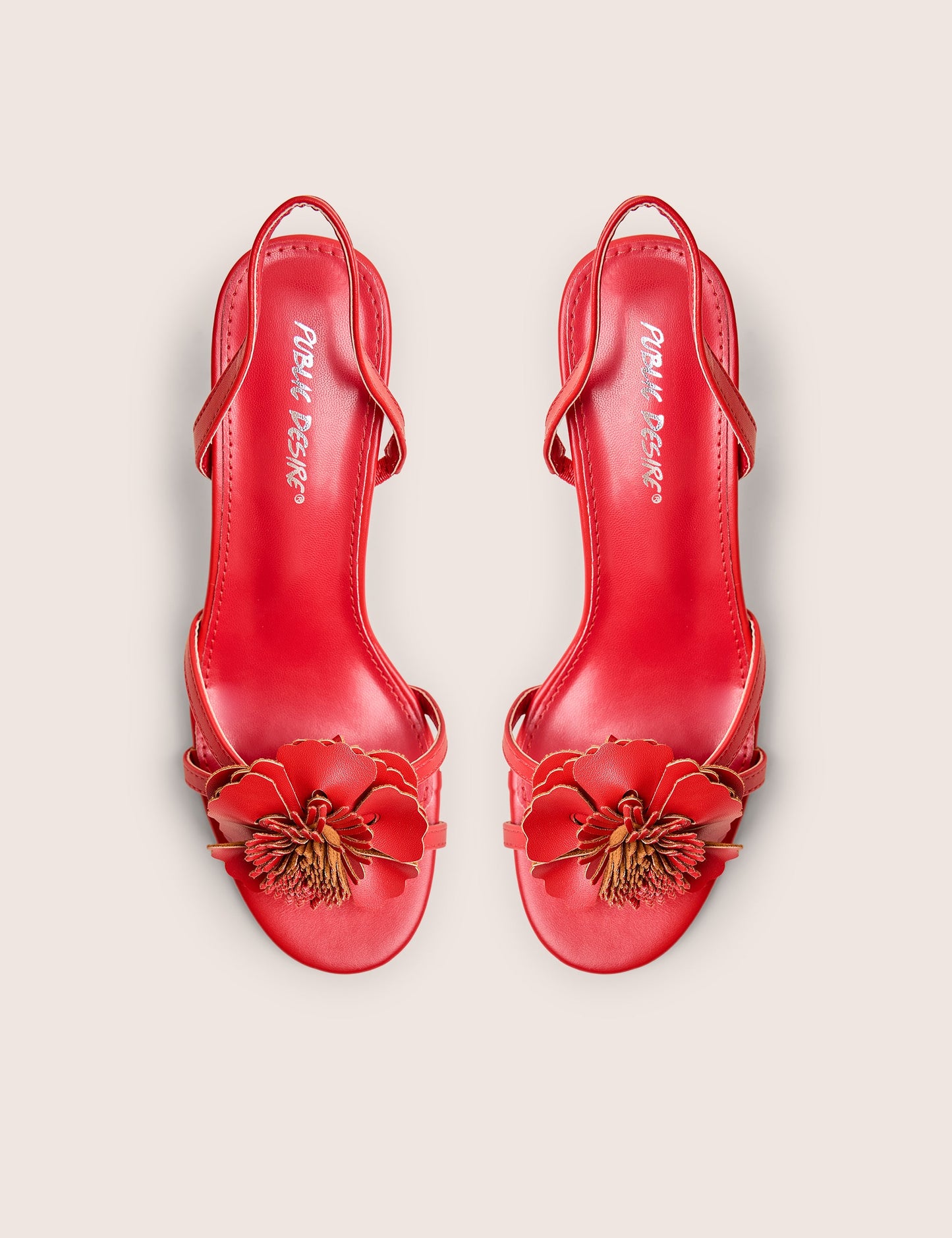Red Hot Red Pu 3d Flower Sling Back Mid Heels