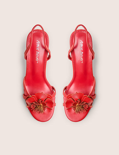Red Hot Red Pu 3d Flower Sling Back Mid Heels