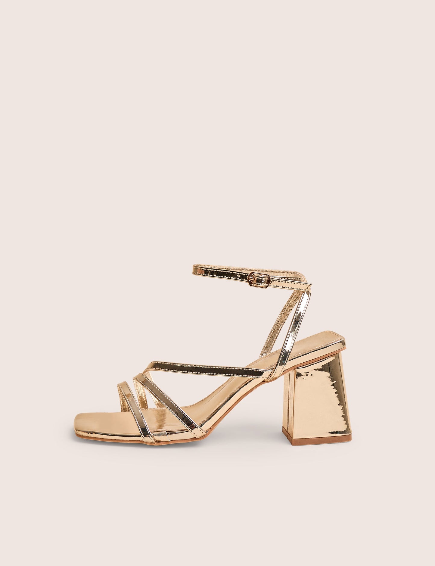 Robin Gold Strappy Square Toe Mid Block Heels