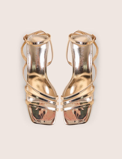 Robin Gold Strappy Square Toe Mid Block Heels