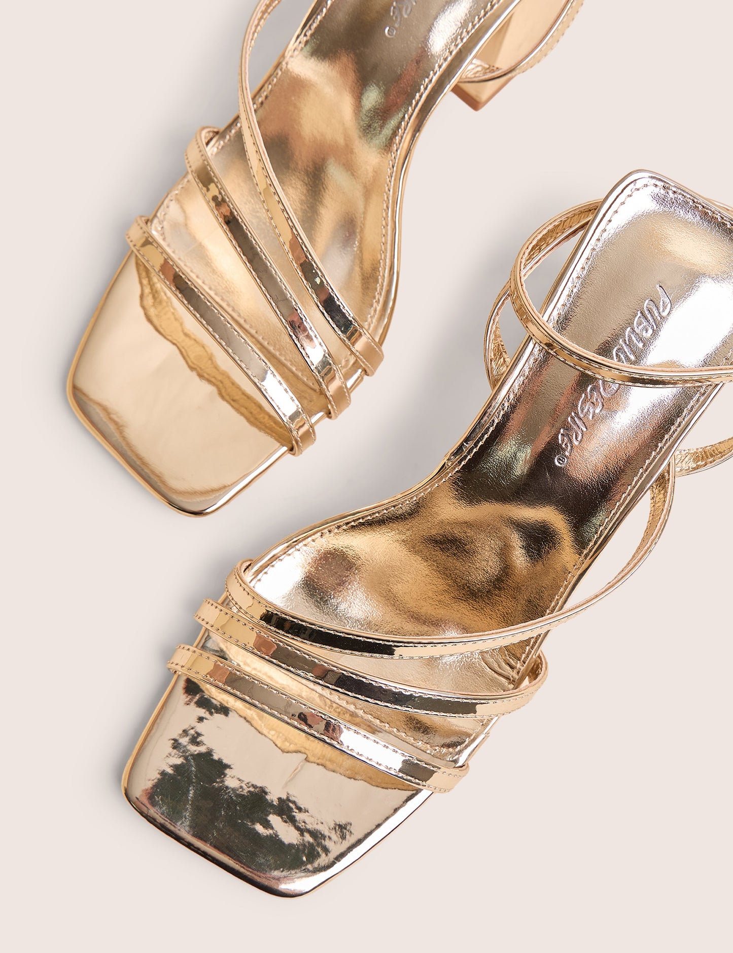 Robin Gold Strappy Square Toe Mid Block Heels
