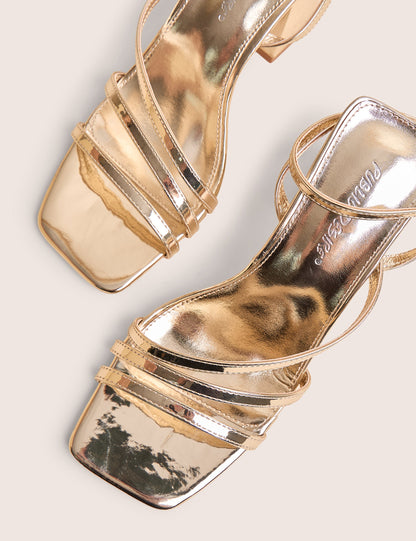 Robin Gold Strappy Square Toe Mid Block Heels