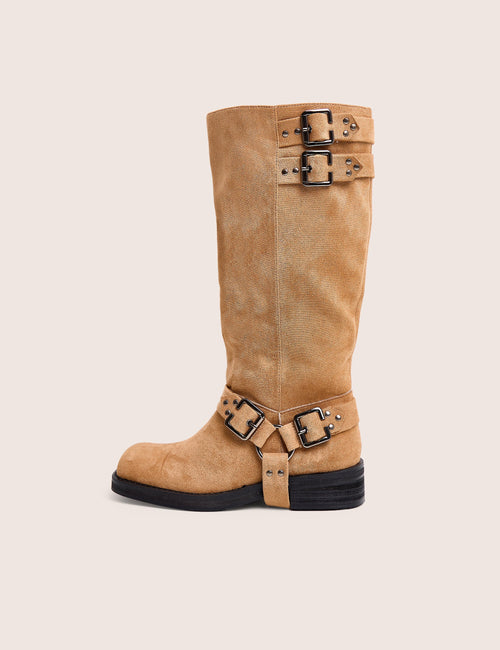 Rooftop Taupe Faux Suede Vintage Knee High Biker Boots