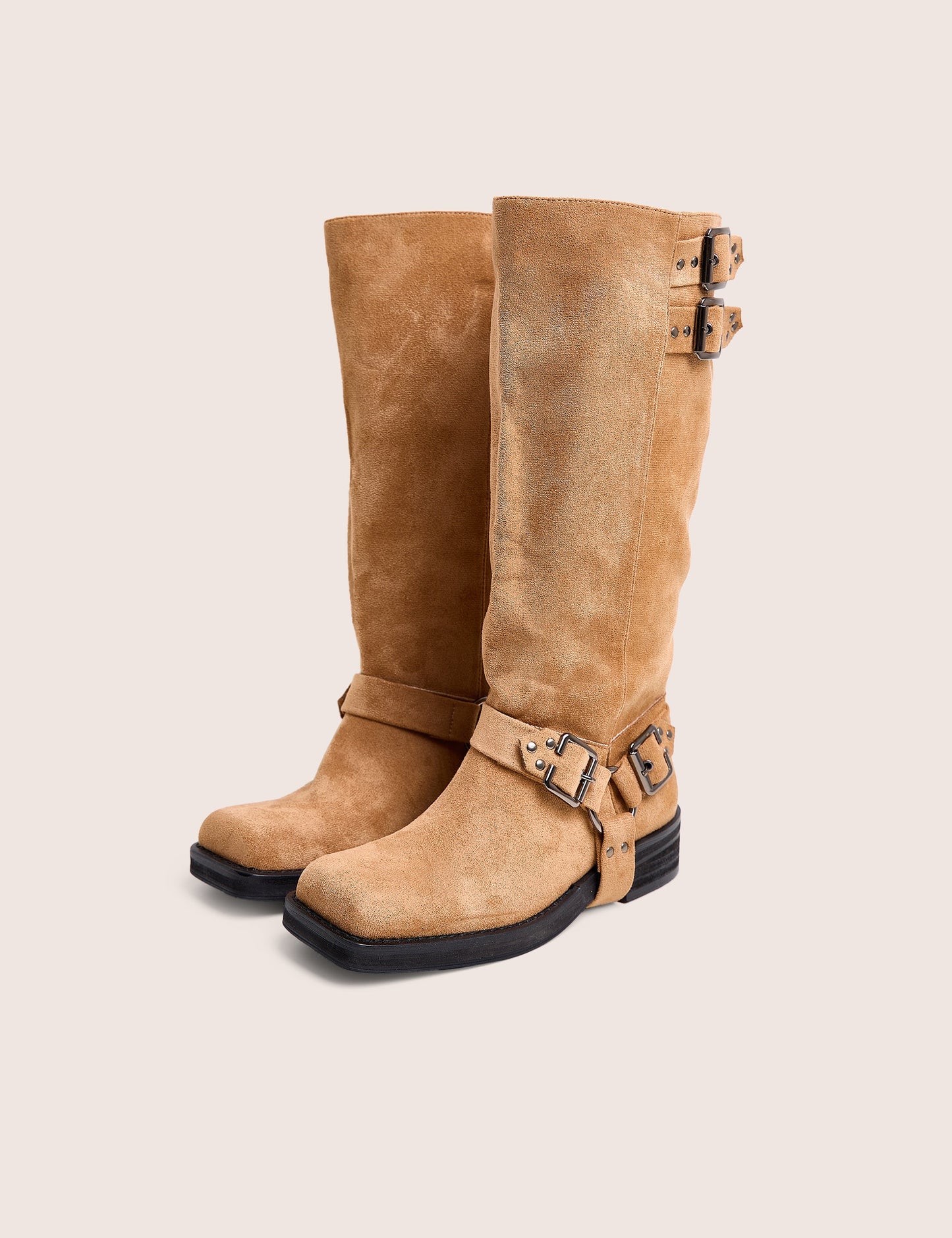Rooftop Taupe Faux Suede Vintage Knee High Biker Boots