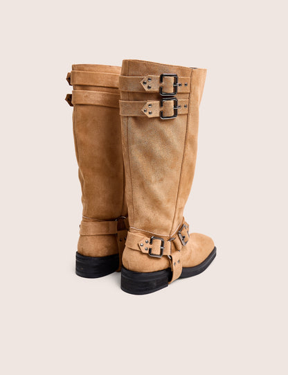 Rooftop Taupe Faux Suede Vintage Knee High Biker Boots