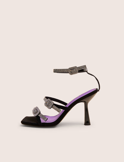 Spellbound Black Three Strap Diamante Buckle Heels