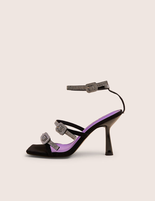 Spellbound Black Three Strap Diamante Buckle Heels