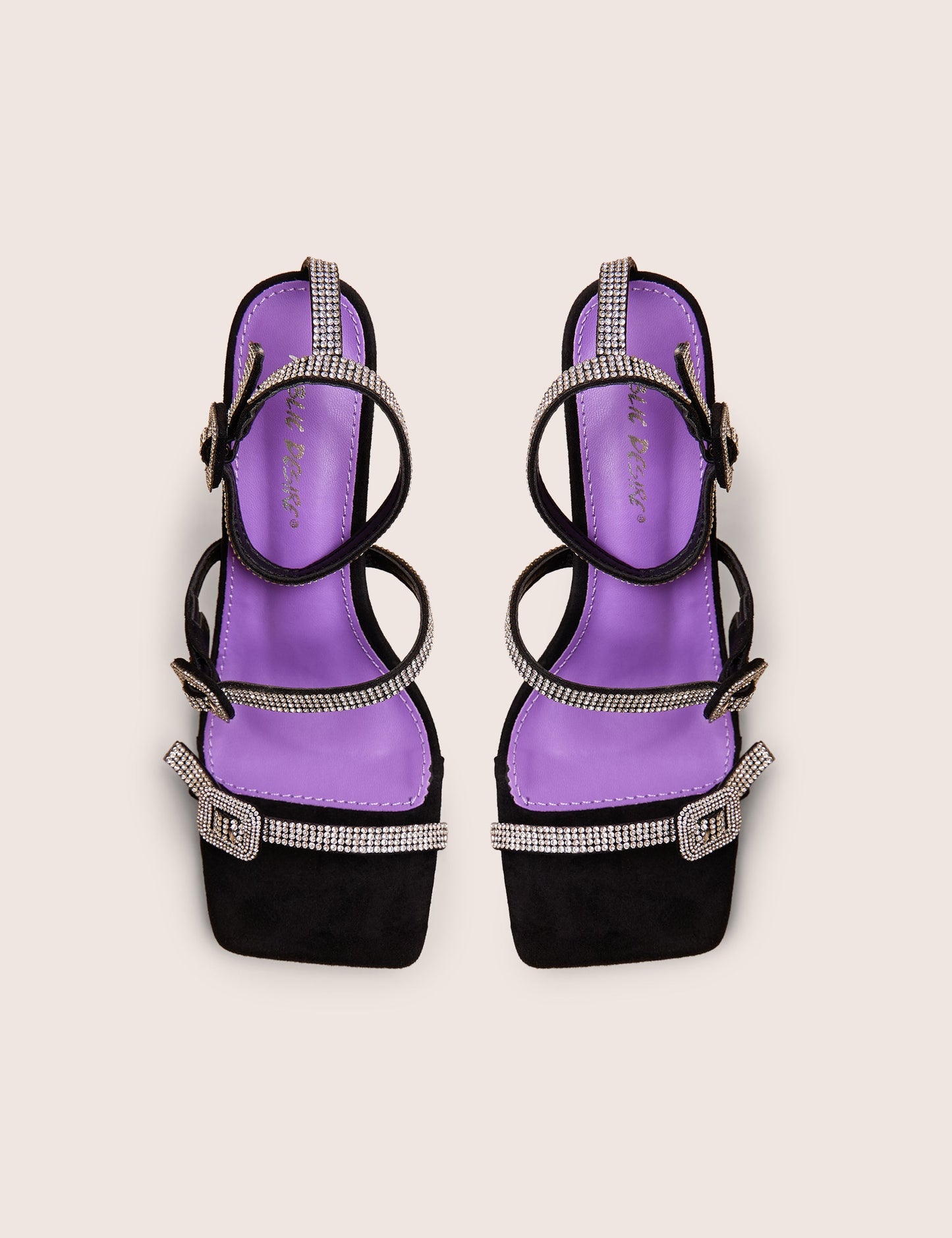 Spellbound Black Three Strap Diamante Buckle Heels