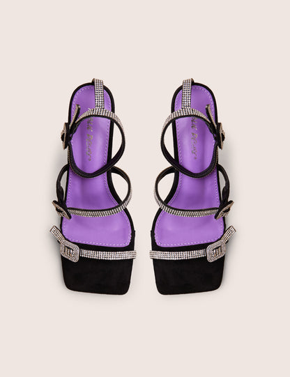 Spellbound Black Three Strap Diamante Buckle Heels