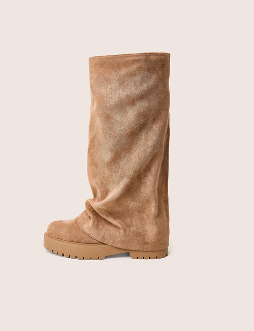 Stockholme Tan Faux Suede Fold Over Knee High Boots
