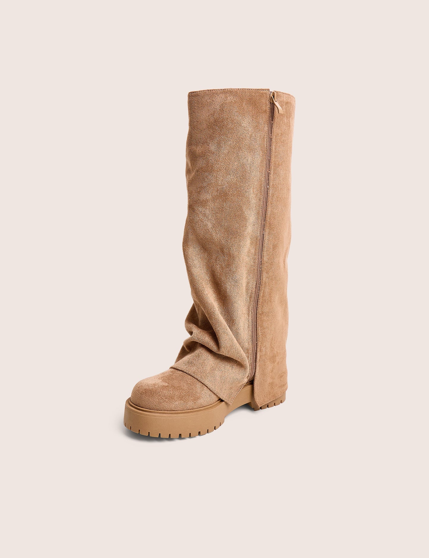 Stockholme Tan Faux Suede Fold Over Knee High Boots