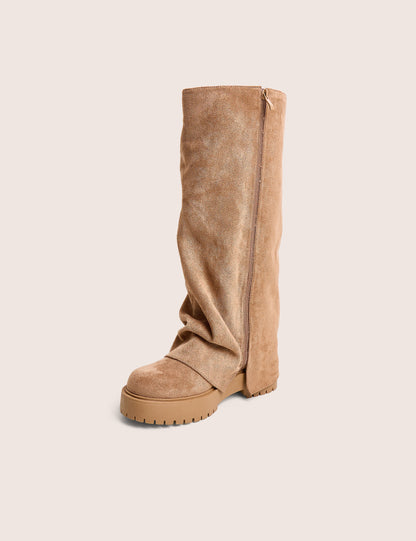 Stockholme Tan Faux Suede Fold Over Knee High Boots