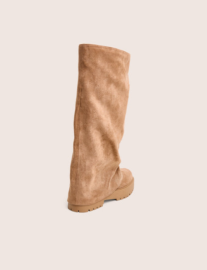 Stockholme Tan Faux Suede Fold Over Knee High Boots