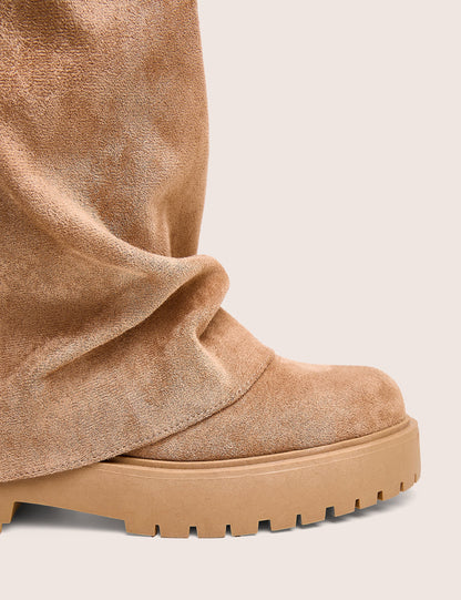 Stockholme Tan Faux Suede Fold Over Knee High Boots
