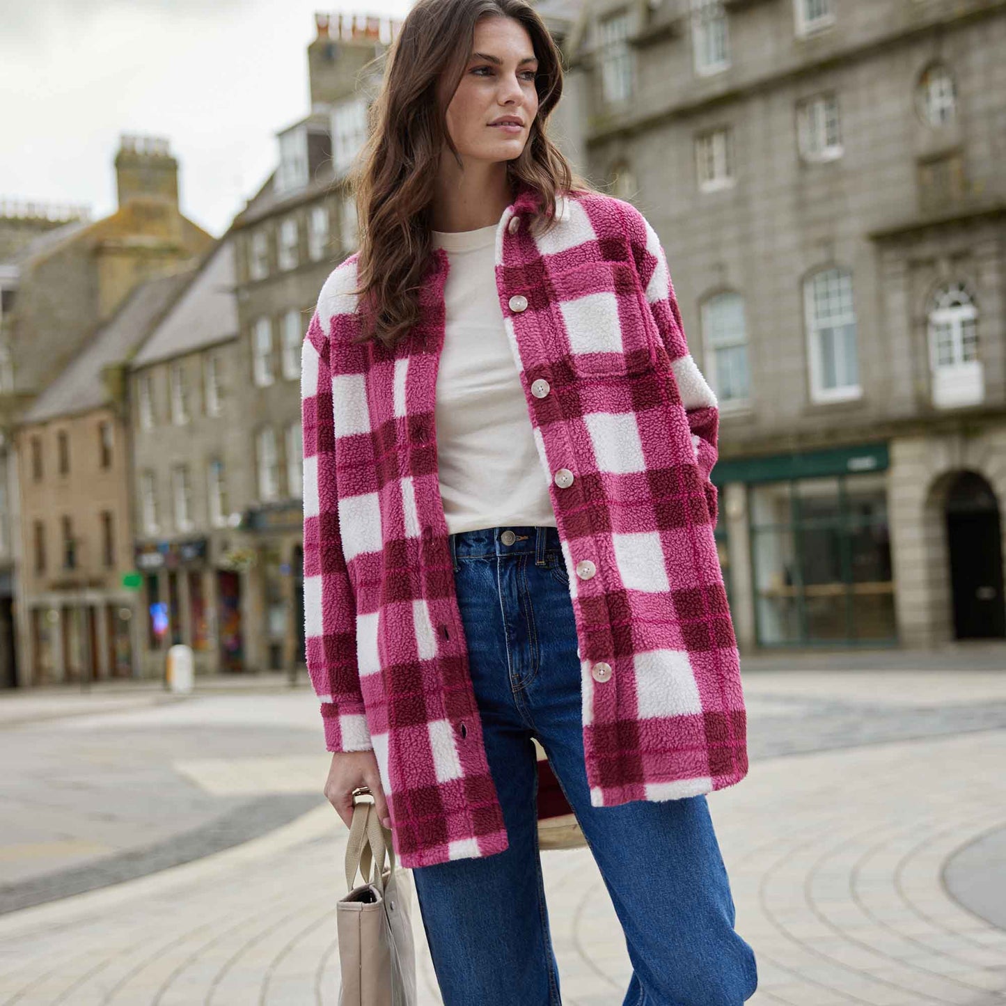 Sally Womens Sherpa Fleece Shacket - Burgundy Check