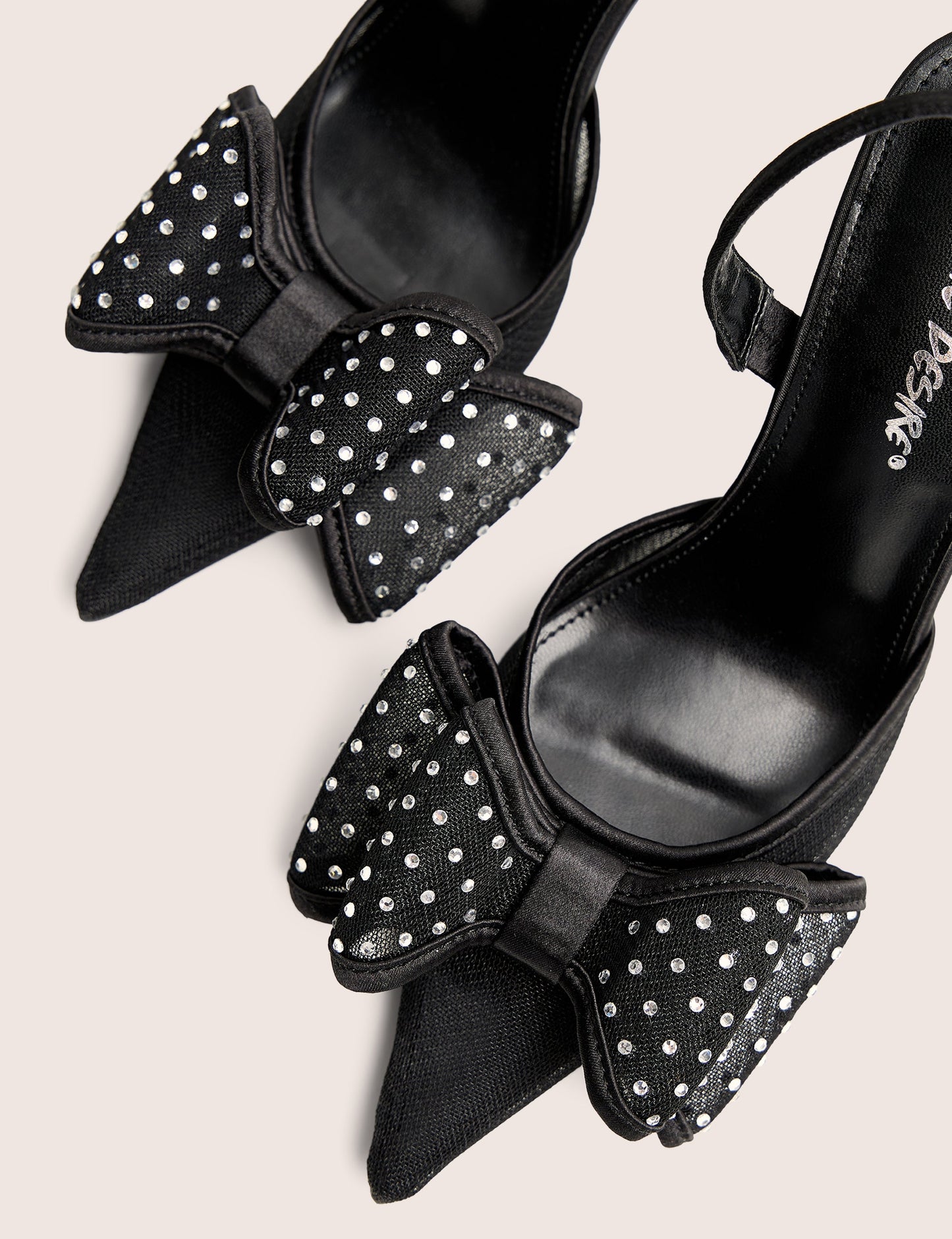 Trisha Black Mesh Bow Diamante Detail Sling Back Court Heels