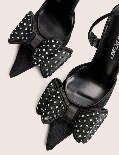 Trisha Black Mesh Bow Diamante Detail Sling Back Court Heels