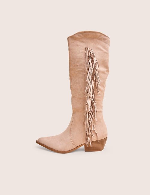 Tucker Beige Faux Suede Knee High Tassle Detail Western Boots