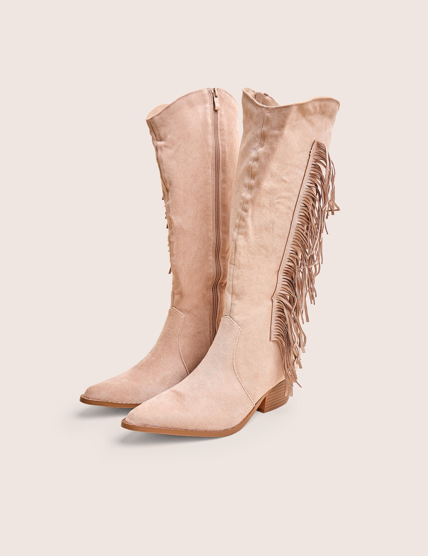 Tucker Beige Faux Suede Knee High Tassle Detail Western Boots