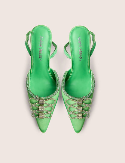Twilight Green Satin Bow Embellished Court Heel with Embellished Heel